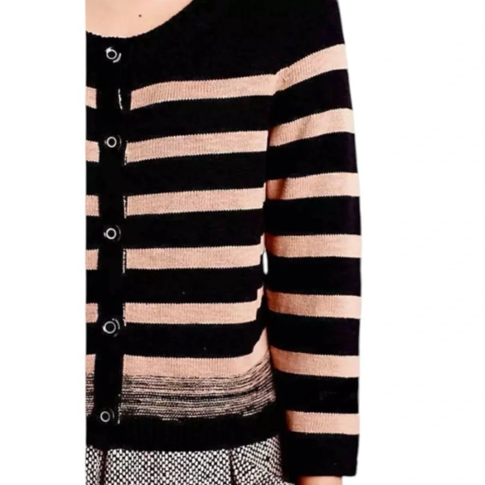 $129 Anthropologie Smooth Back Cardigan Large 10 12 Green White Striped Sweater - Picture 7 of 14